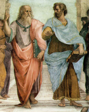 Detail depicts Plato and Aristotle, from School of Athens fresco, by Raphael